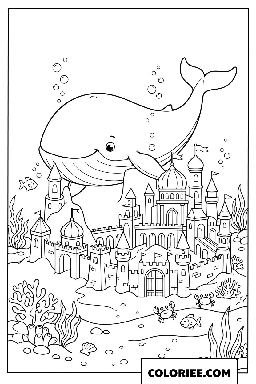 Dessin dune baleine geante nageant autour dun chateau sous marin