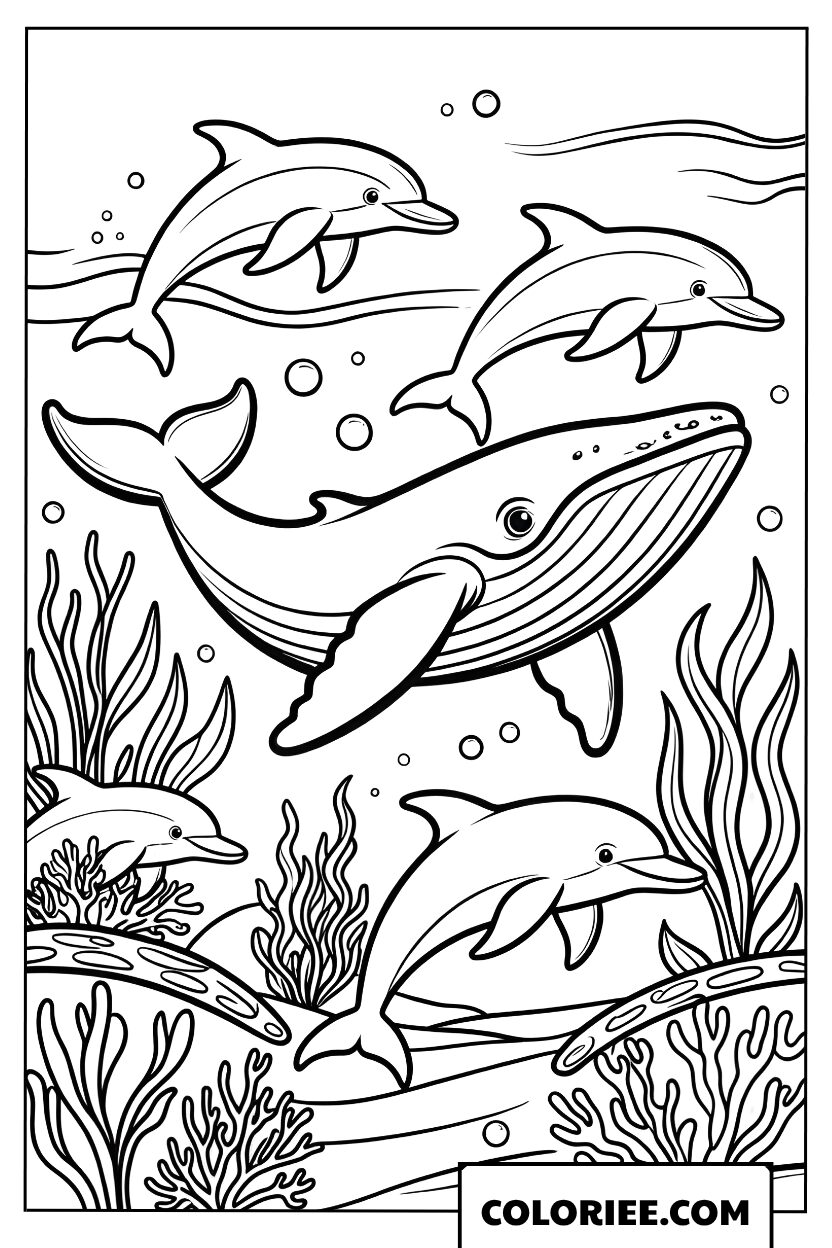 Dessin dune baleine geante nageant avec des dauphins joueurs