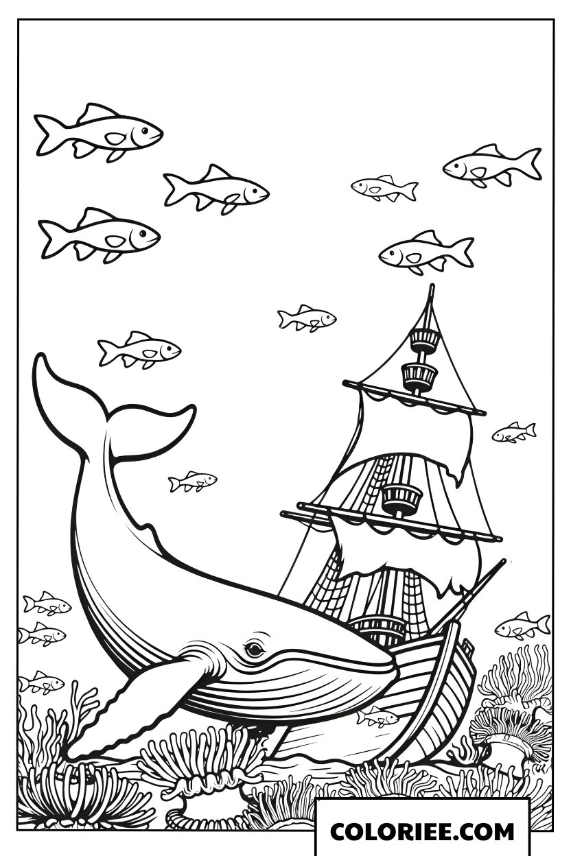 Dessin dune baleine nageant a cote dune epave au fond de la mer