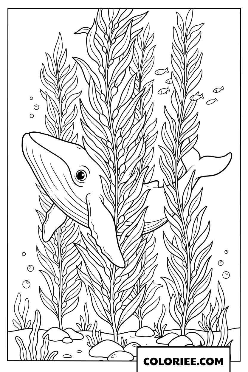 Dessin dune baleine nageant a travers une foret dalgues geantes