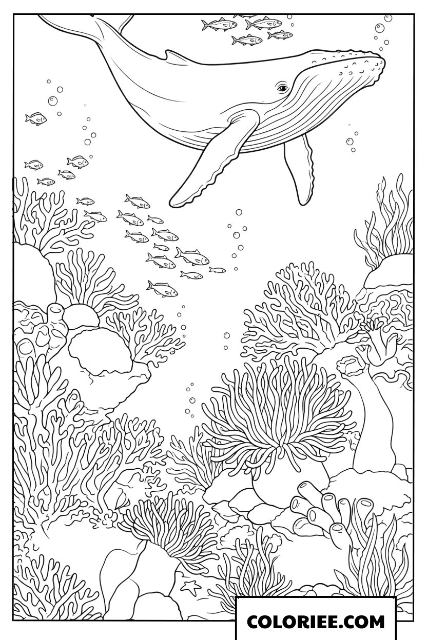 Dessin dune baleine nageant au dessus dun recif de corail varie