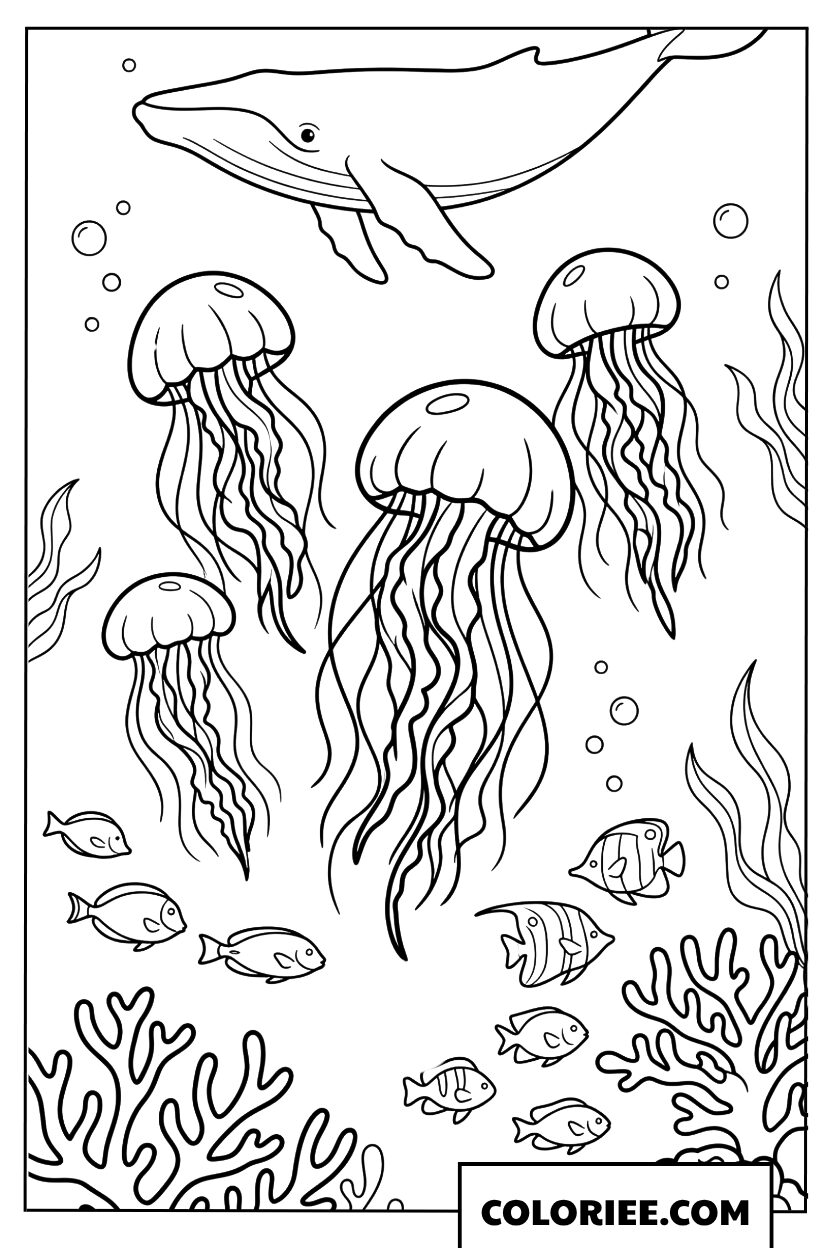 Dessin dune baleine nageant avec des meduses a longues traines