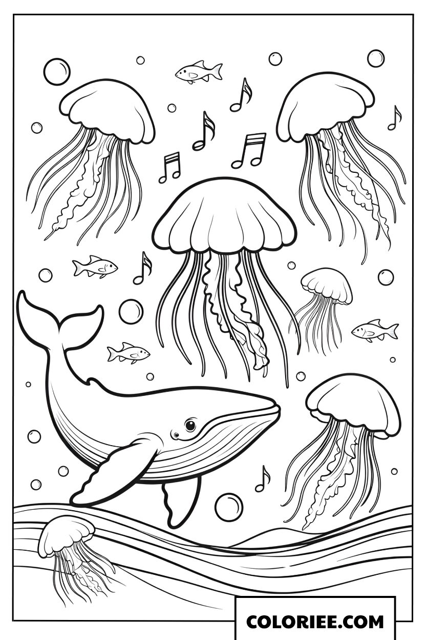 Dessin dune baleine nageant avec des meduses et des notes de musique