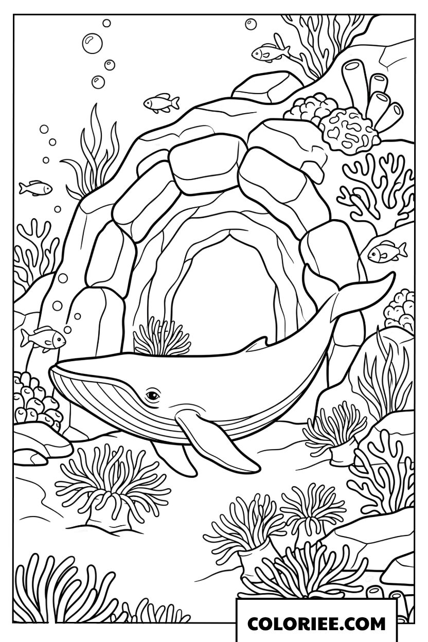 Dessin dune baleine nageant pres dune grotte de corail