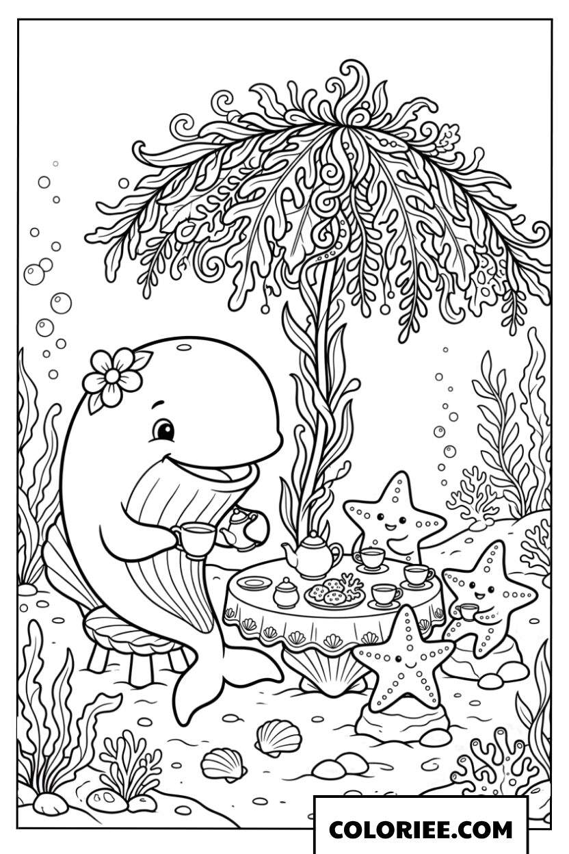 Dessin dune baleine prenant le the sous locean