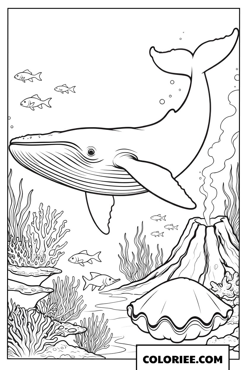 Dessin dune baleine pres dun volcan et dun coquillage