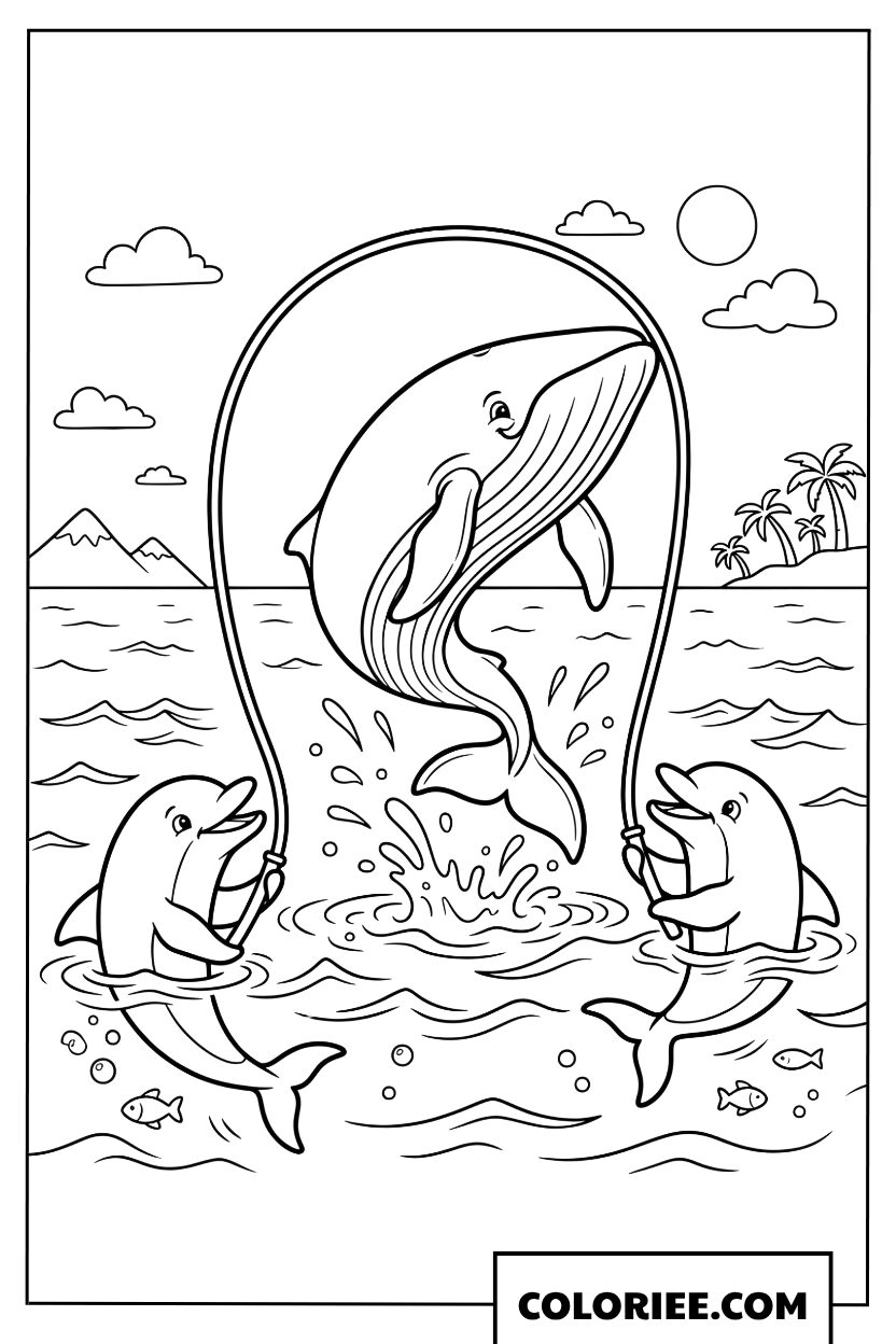 Dessin dune baleine sautant a la corde avec des dauphins