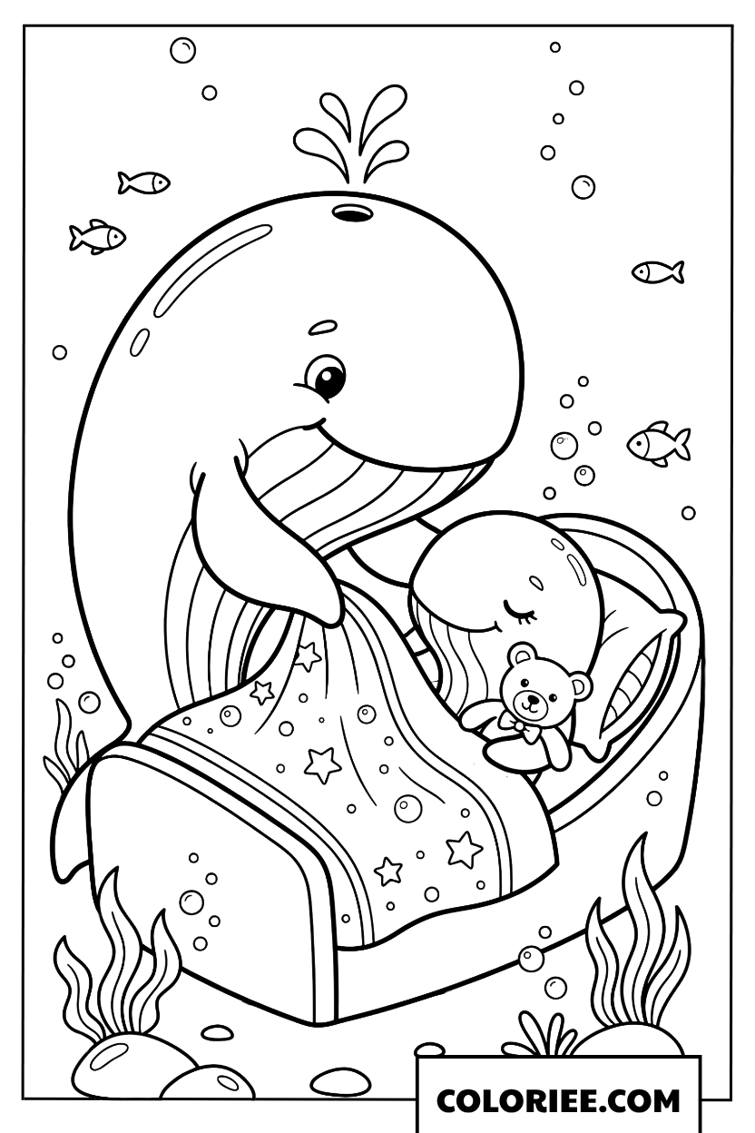 Dessin dune maman baleine bordant son bebe pour la nuit