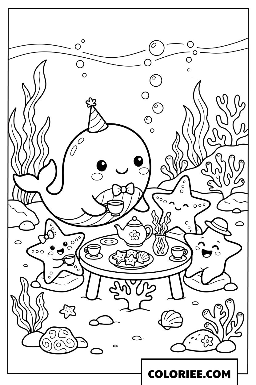 Dessin dune petite baleine chapeautee goutant avec des etoiles de mer