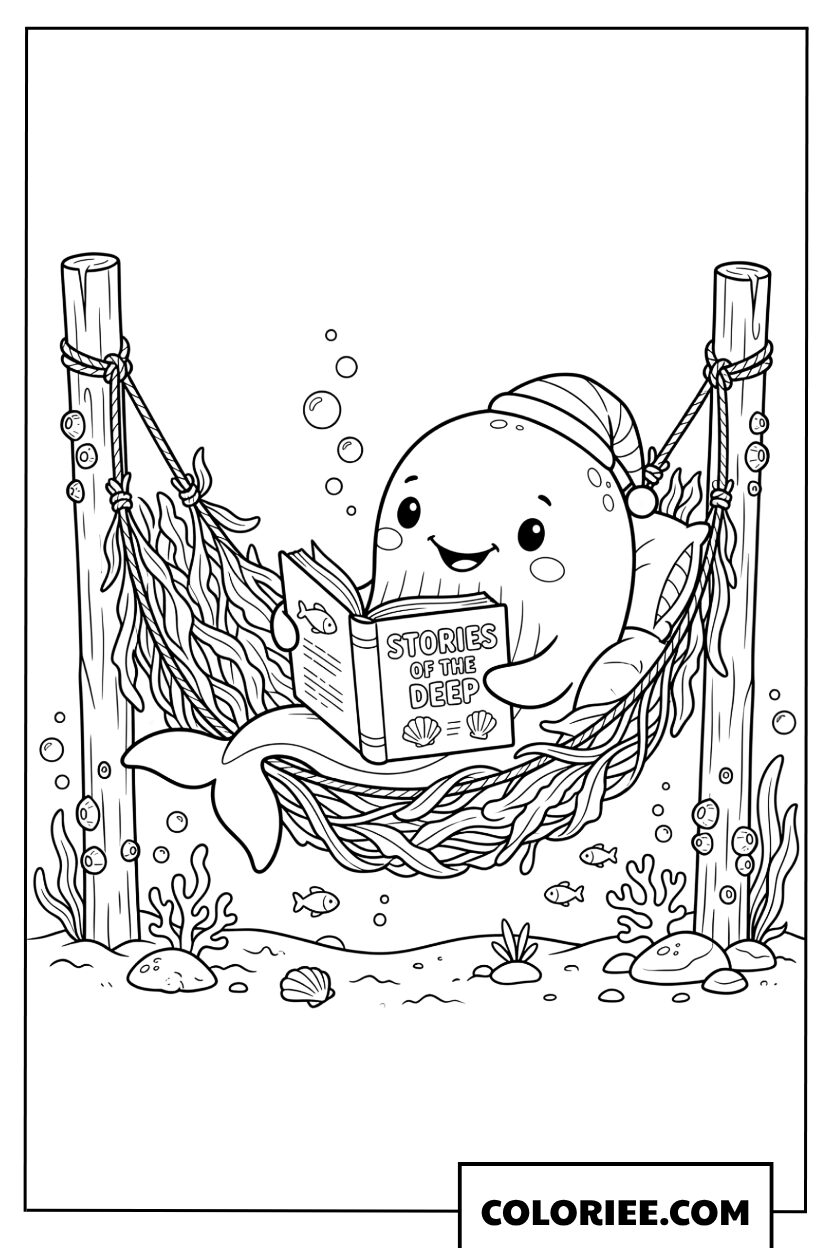 Dessin dune petite baleine lisant un livre dans un hamac