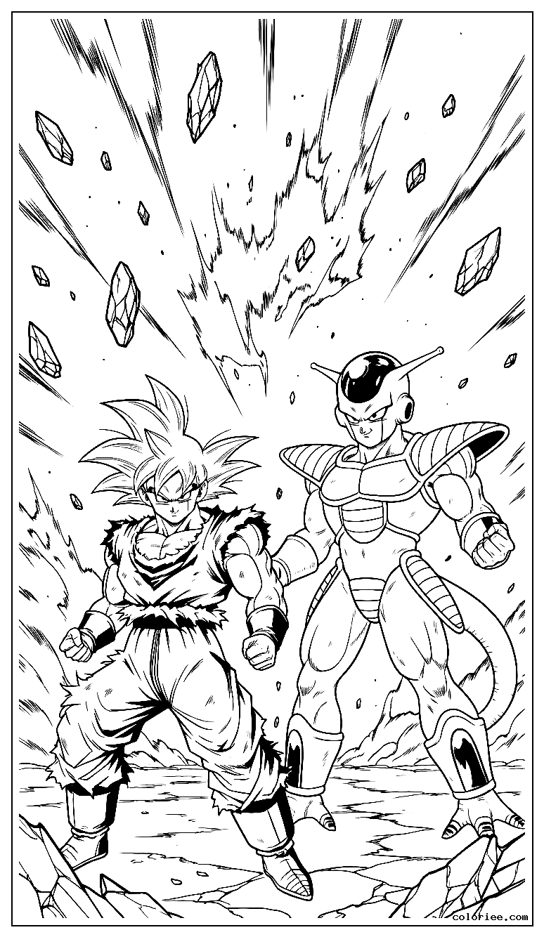 Goku Super Saiyan facing off against Frieza on exploding Planet Namek