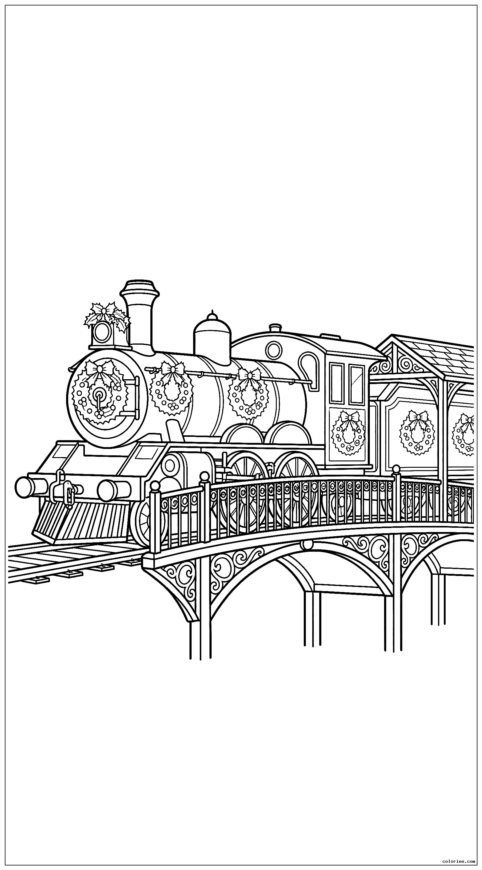 Locomotive à vapeur vintage décorée de couronnes de Noël traversant un pont couvert victorien