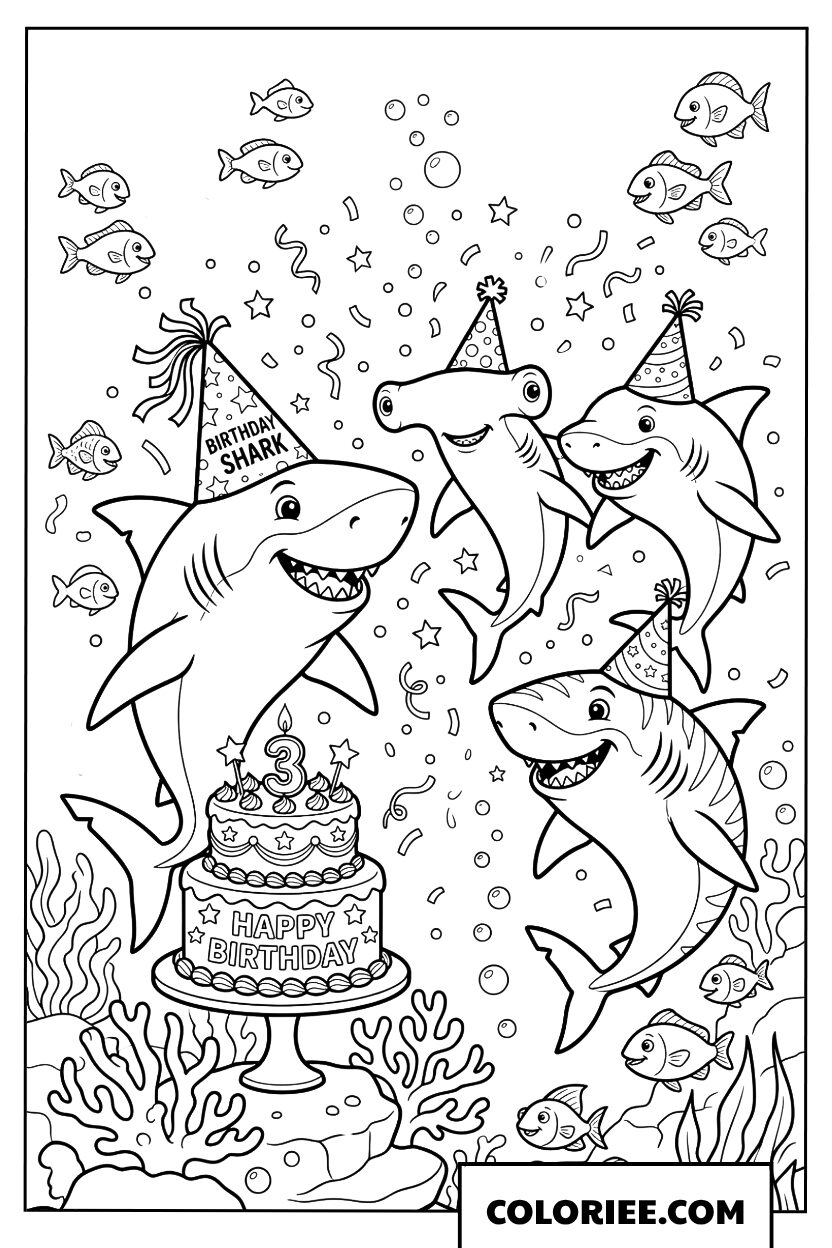Coloriage de la grande fête d'anniversaire de la famille requin sous l'océan