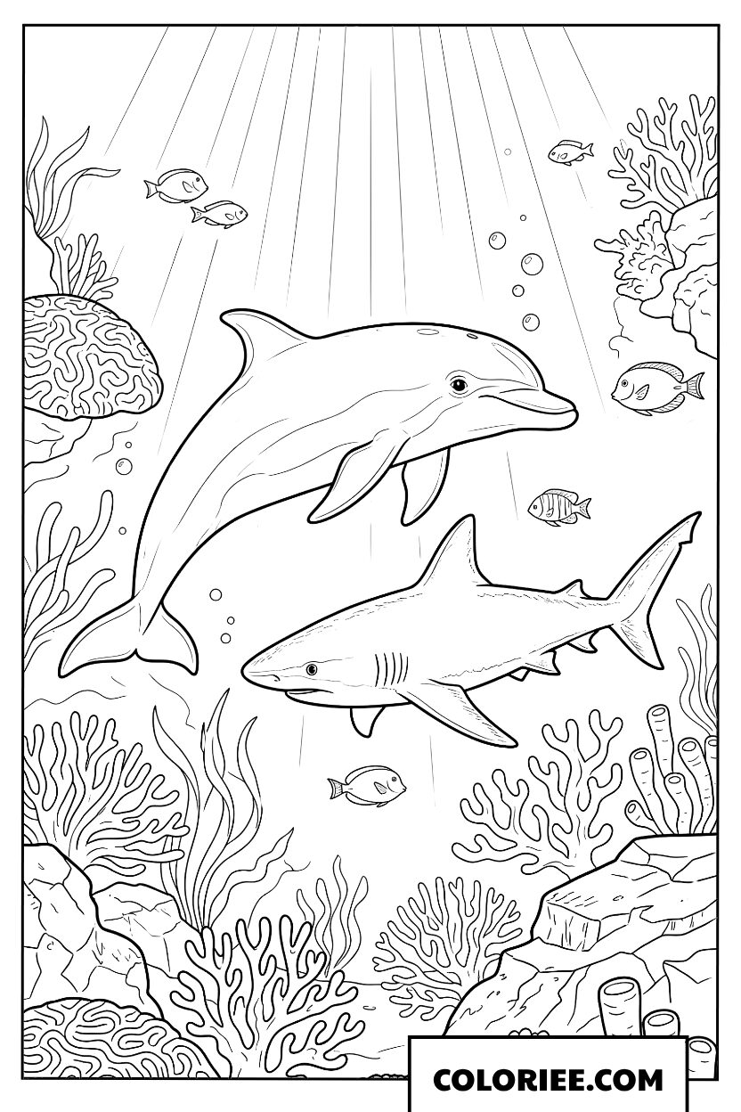 Coloriage d'un dauphin et d'un requin sous les rayons de soleil transperçant l'océan