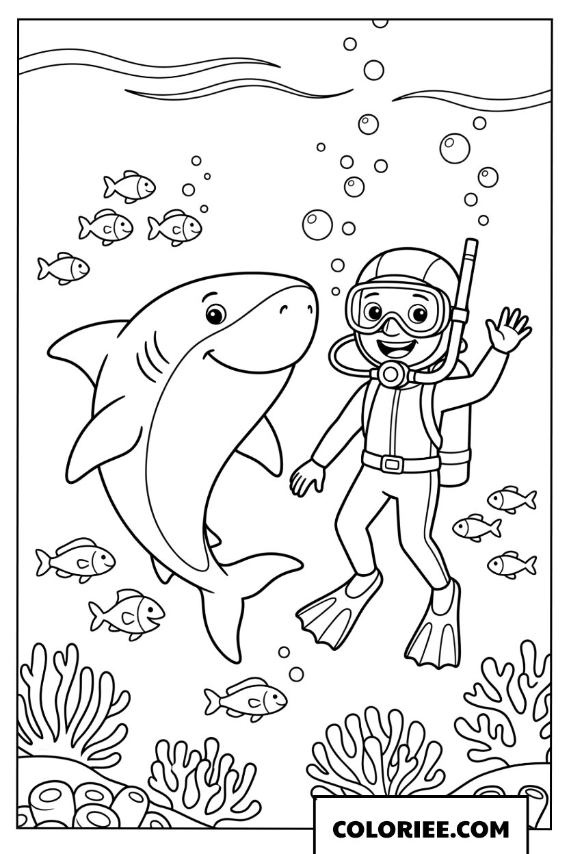 Coloriage d'un petit plongeur et son ami le requin amical