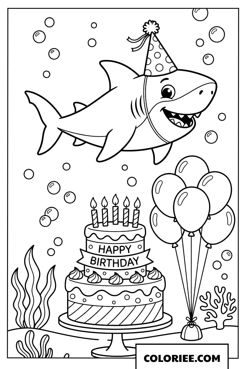 Coloriage d'un petit requin avec un chapeau d'anniversaire, un gâteau et des ballons
