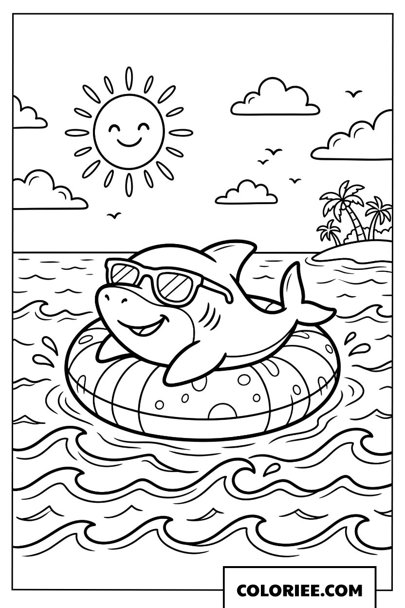 Coloriage d'un requin cool avec des lunettes de soleil sur une bouée