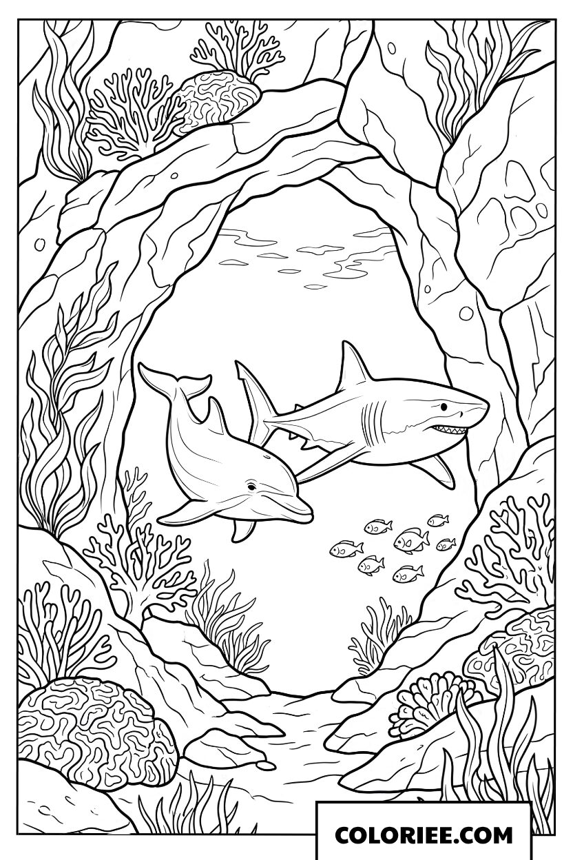 Coloriage d'un requin et d'un dauphin traversant une grotte sous-marine