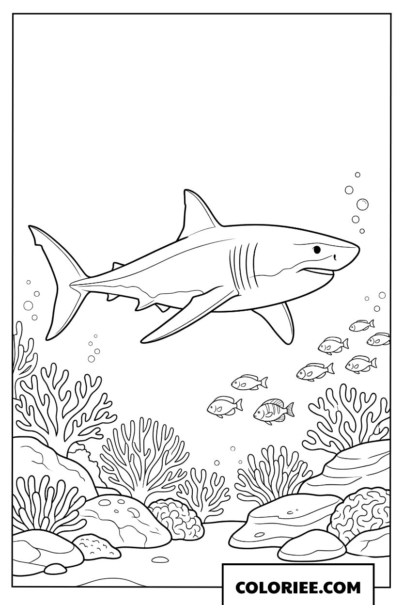 Coloriage d'un requin majestueux nageant près du récif