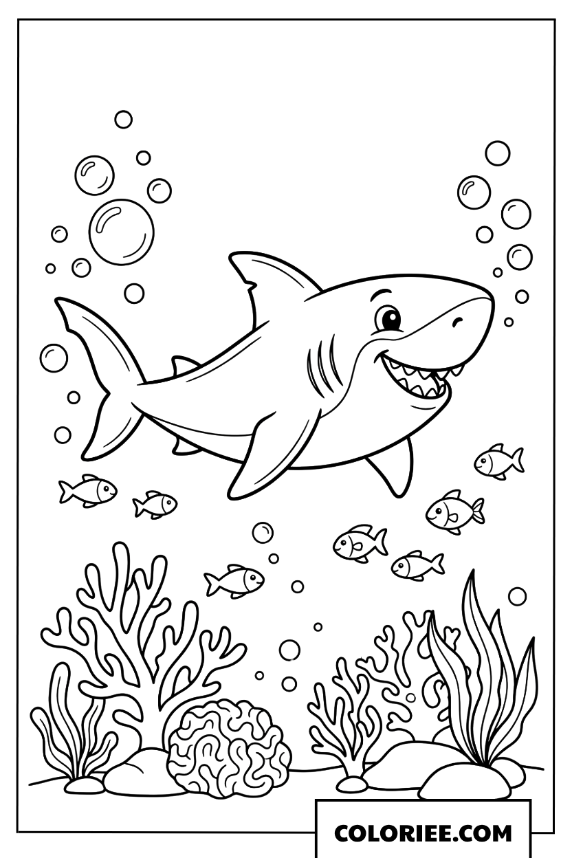 Coloriage d'un requin souriant parmi les coraux et les bulles
