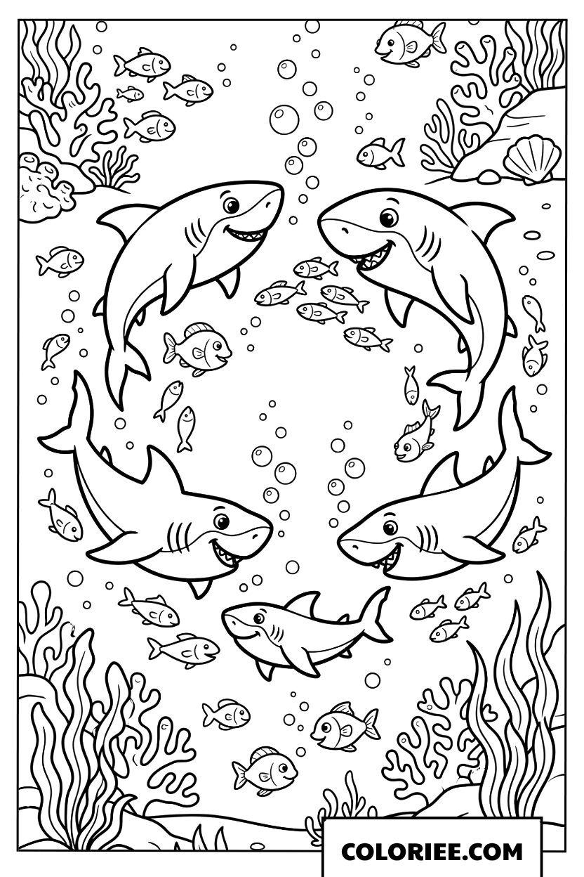 Dessin de requins joyeux nageant en cercle sous l'océan