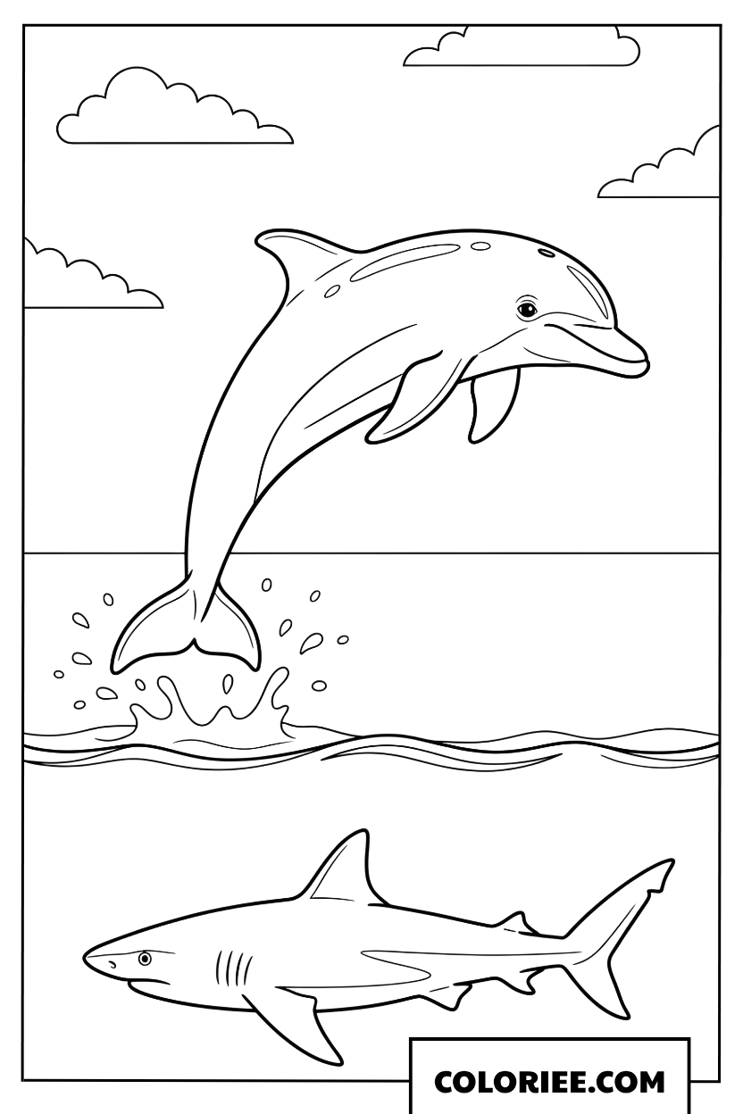 Dessin d'un dauphin sautant au-dessus des vagues à côté d'un requin