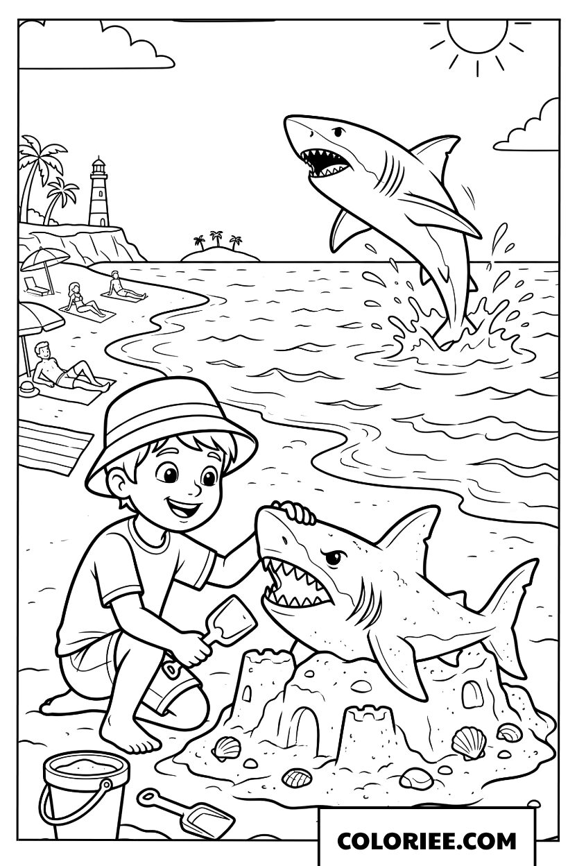 Dessin d'un garçon sculptant un requin en sable sur la plage