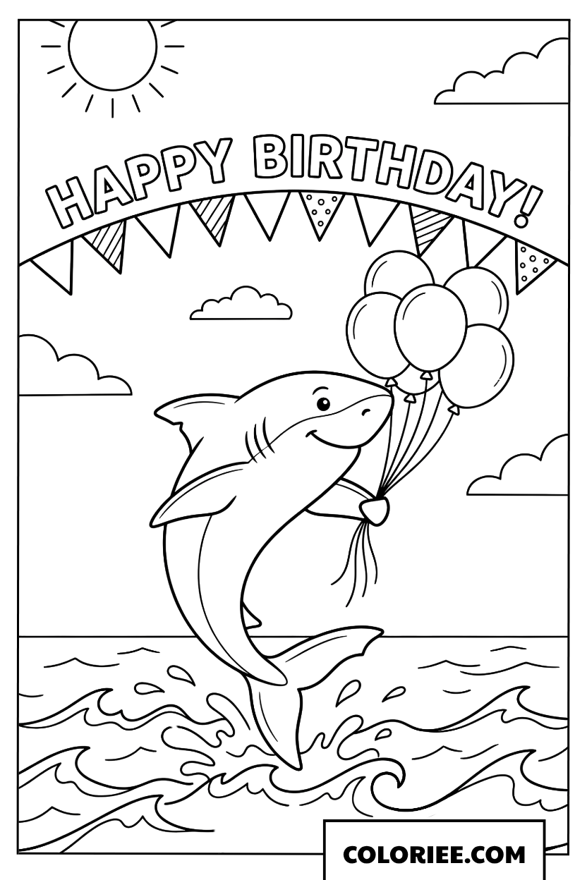 Dessin d'un requin avec des ballons fêtant son anniversaire sur les vagues