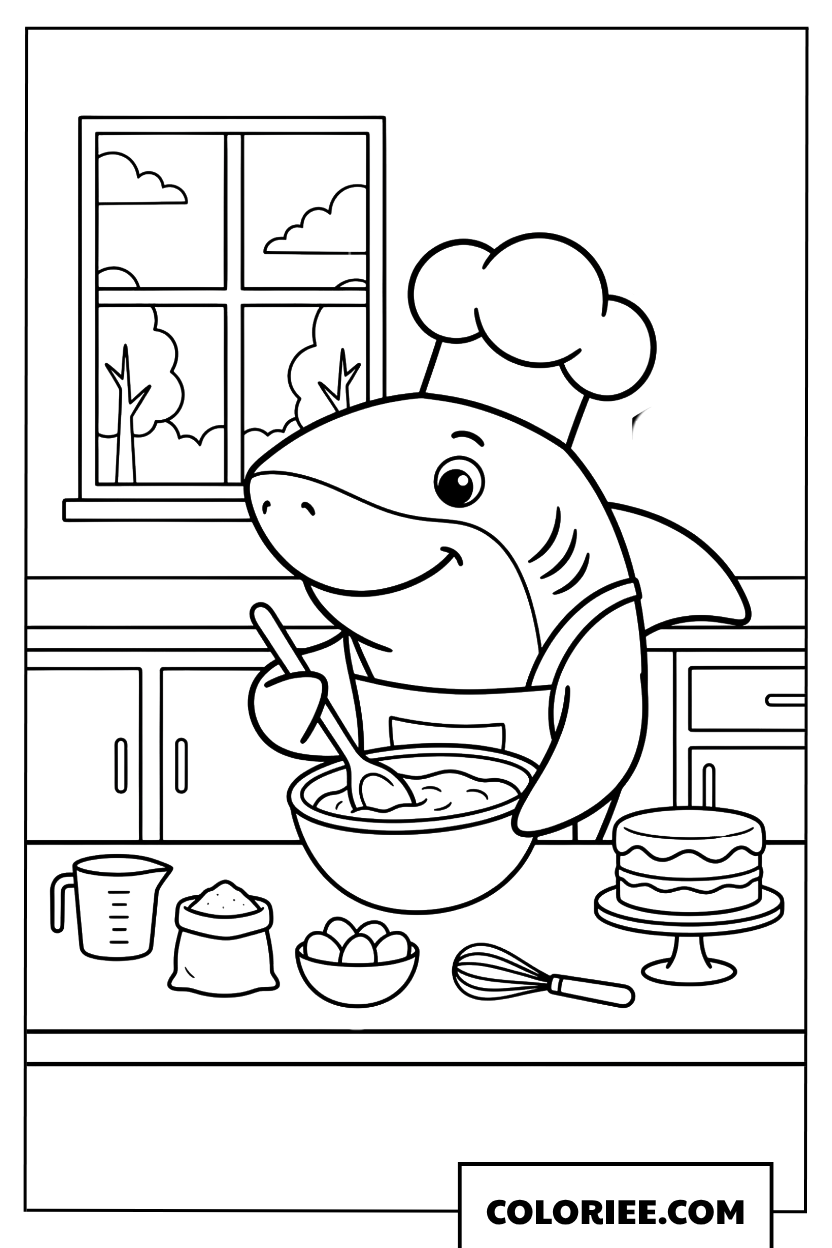 Dessin d'un requin chef cuisinier préparant un gâteau dans la cuisine