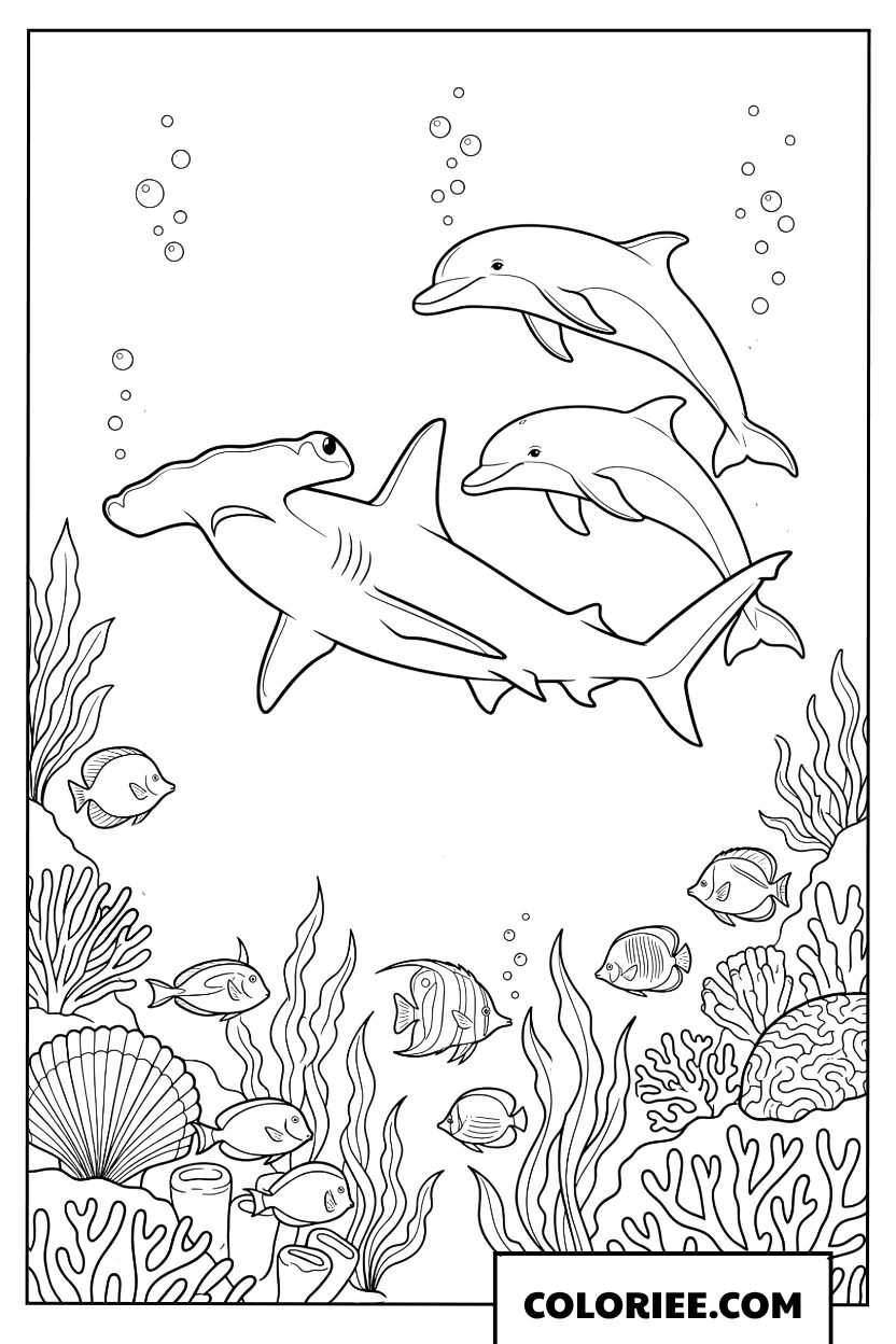 Dessin d'un requin-marteau et d'un duo de dauphins parmi les récifs