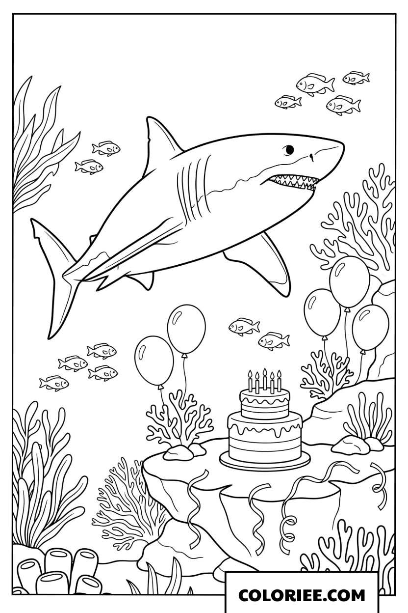 Dessin d'un requin nageant autour d'un gâteau d'anniversaire sur un rocher corallien