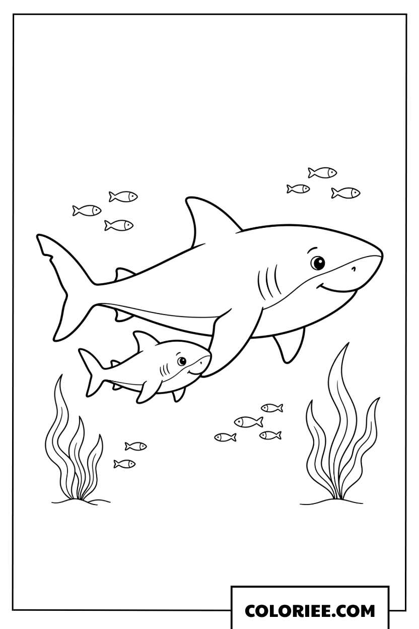 Dessin d'une maman requin nageant avec son bébé sous la mer